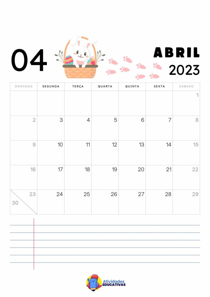 Calendário Abril 2023 com Feriados para Imprimir, em formato PNG