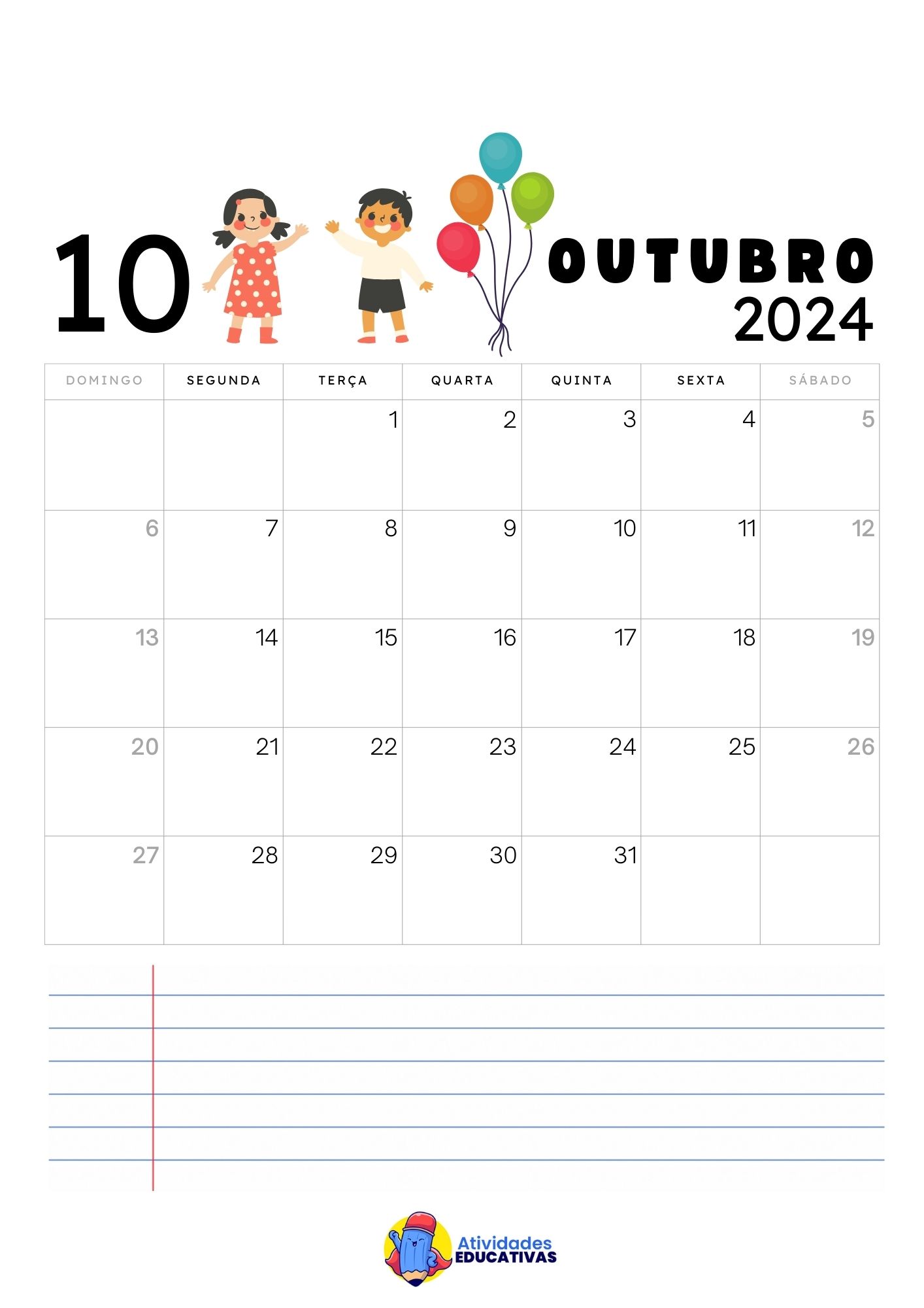 Calend rio mensal infantil 2024 para imprimir atividades educativas