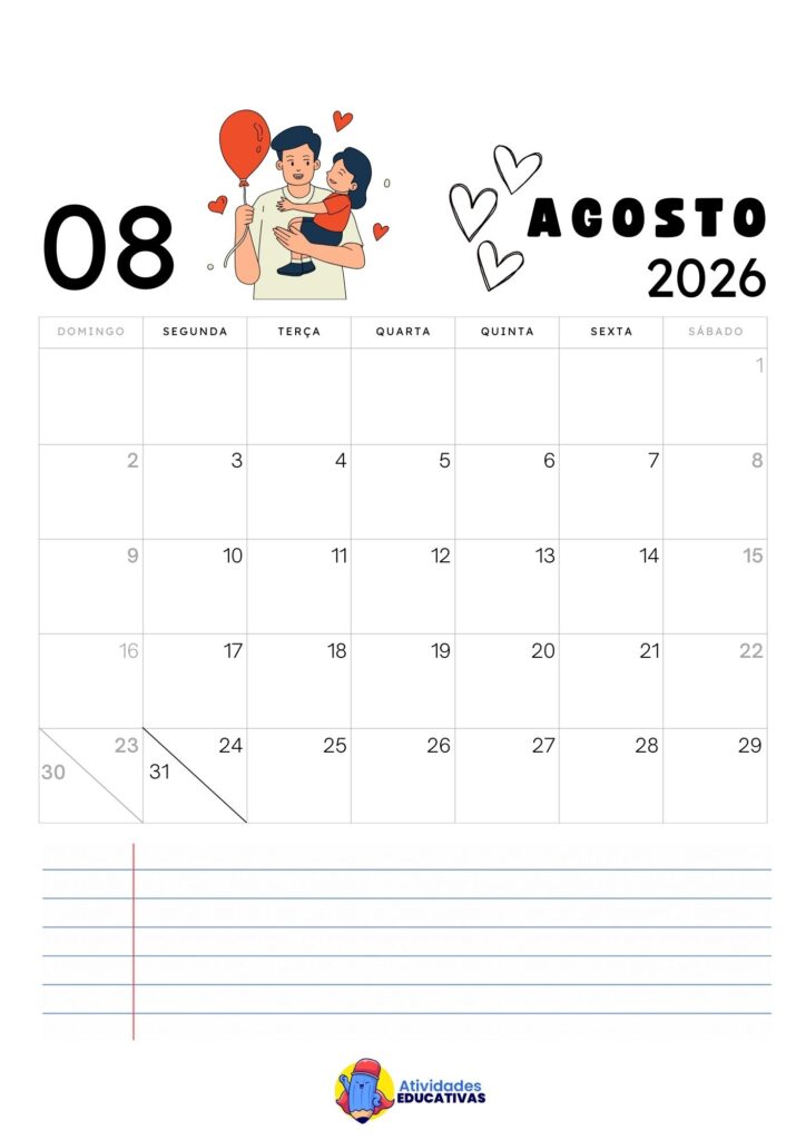 Calendário Mensal Infantil Agosto 2026