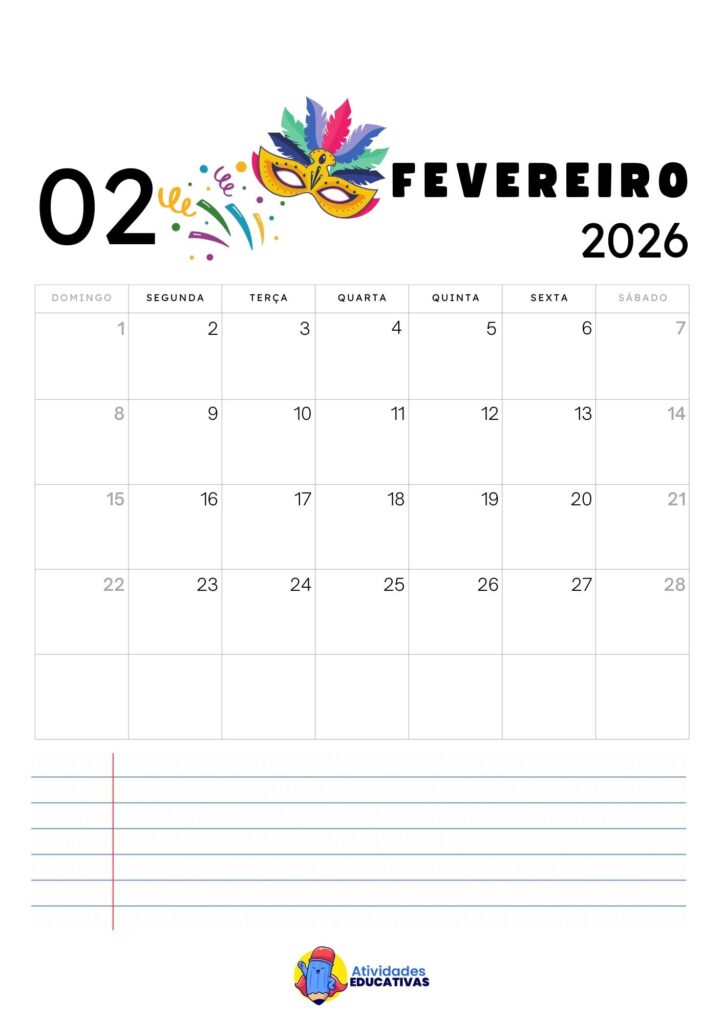 Calendário mensal infantil fevereiro 2026