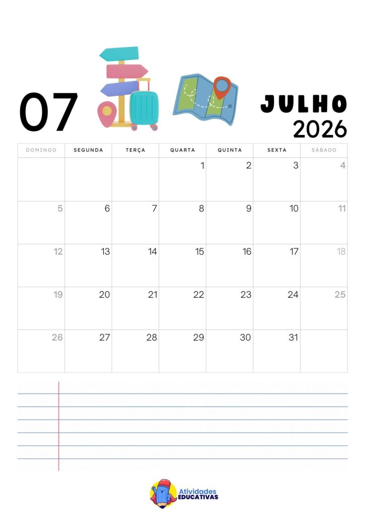 Calendário Mensal Infantil Julho 2026