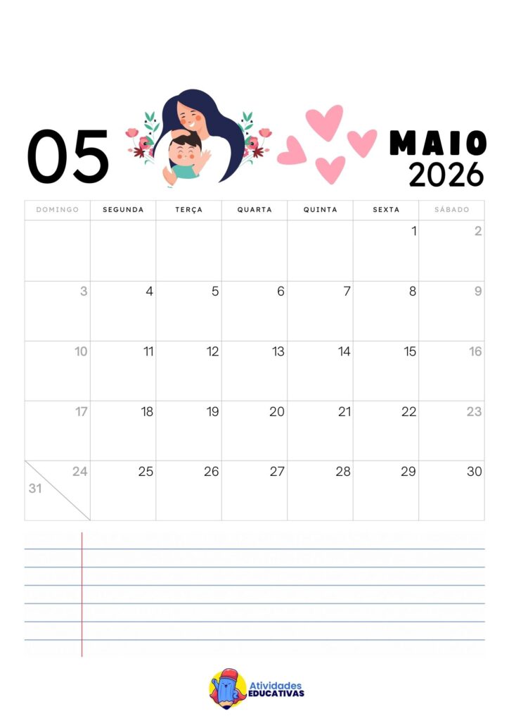 Calendário Mensal Infantil Maio 2026