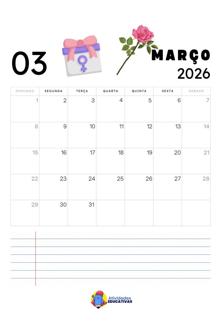 Calendário mensal infantil Março 2026