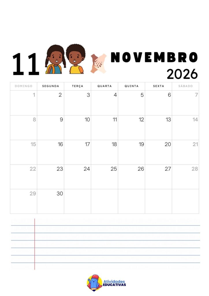 Calendário Mensal Infantil Novembro 2026