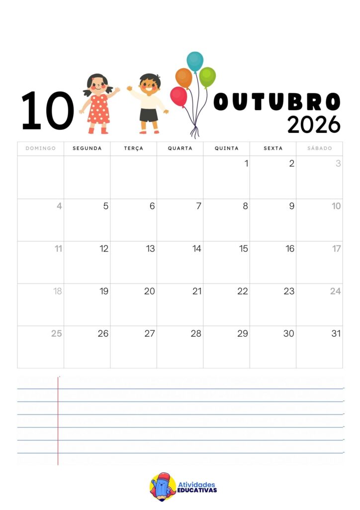 Calendário Mensal Infantil Outubro 2026