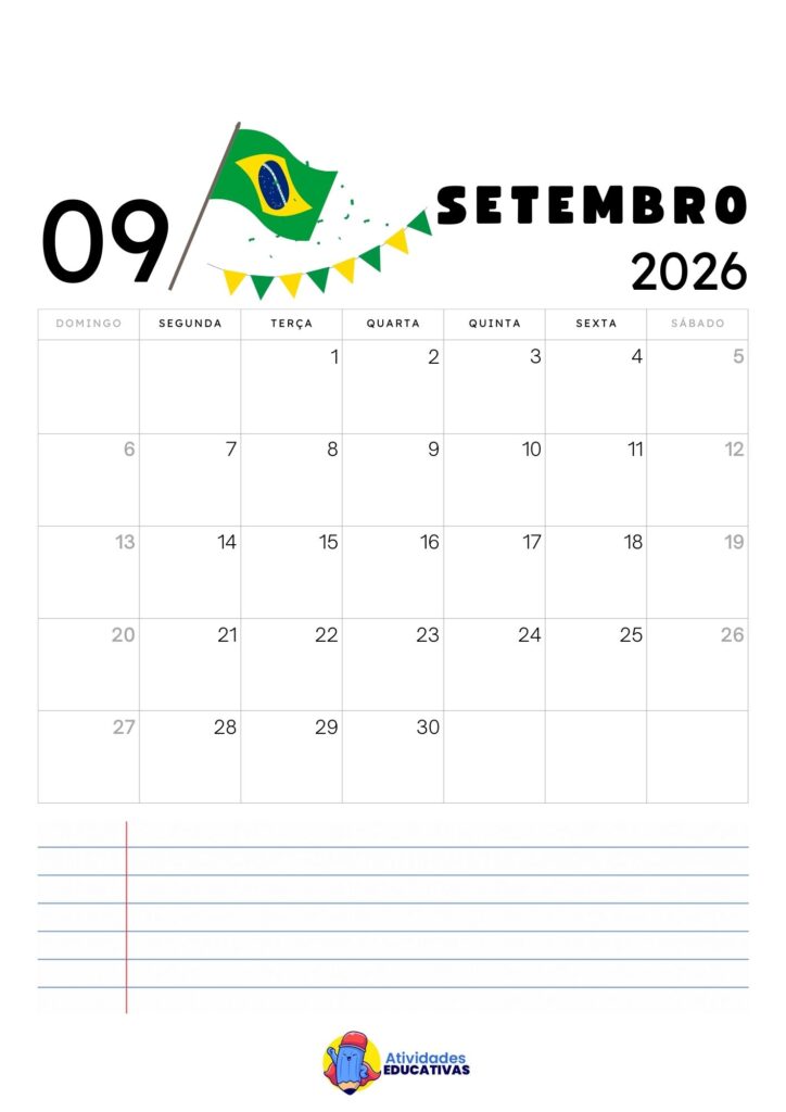 Calendário Mensal Infantil Setembro 2026