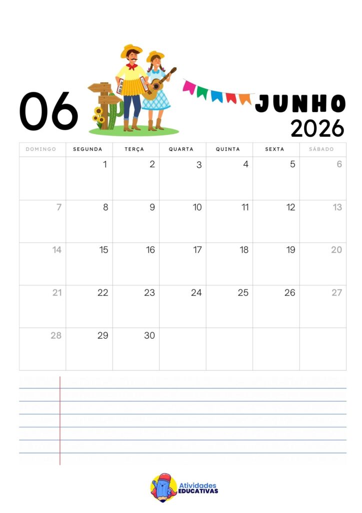 Calendário Mensal Infantil Junho 2026