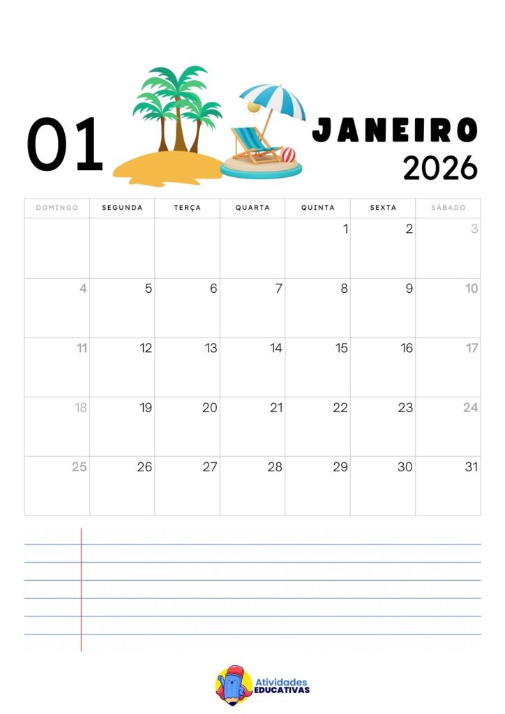 Calendário mensal Infantil Janeiro 2026