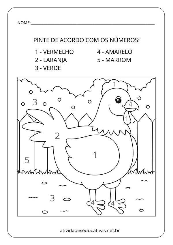 Atividade de Pintura Dirigida com Numerais - Galinha