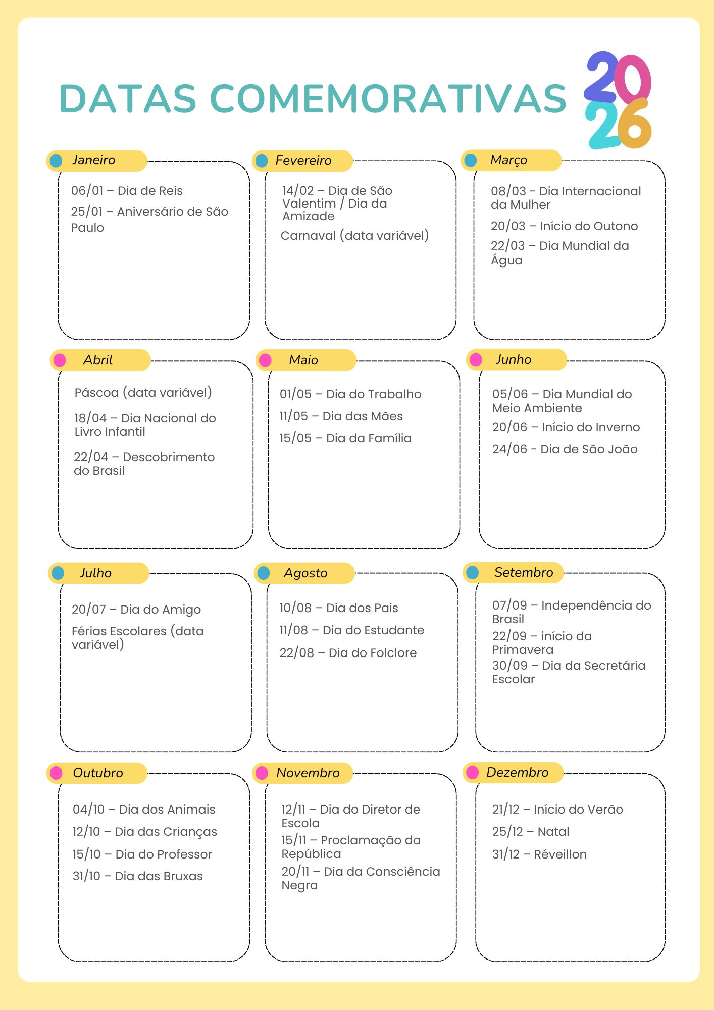 Datas Comemorativas Escolares 2026