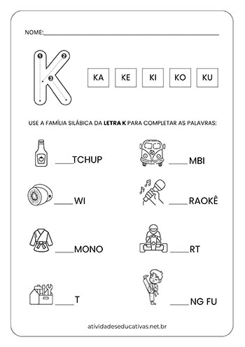Atividade Letra K Família Silábica