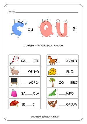 Atividade com C e QU - complete as palavras