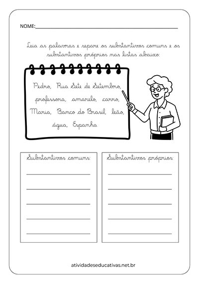 Atividade Substantivo Comum e Próprio em Letra Cursiva